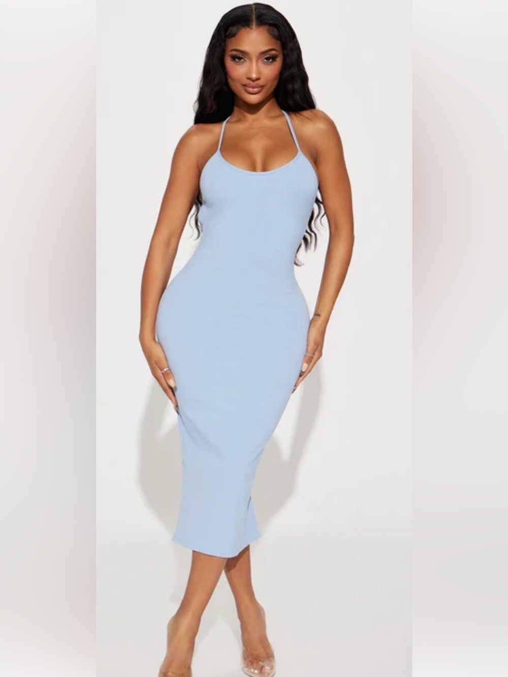 Fashion Nova Sky Blue Open Back Ribbed Midi Dress